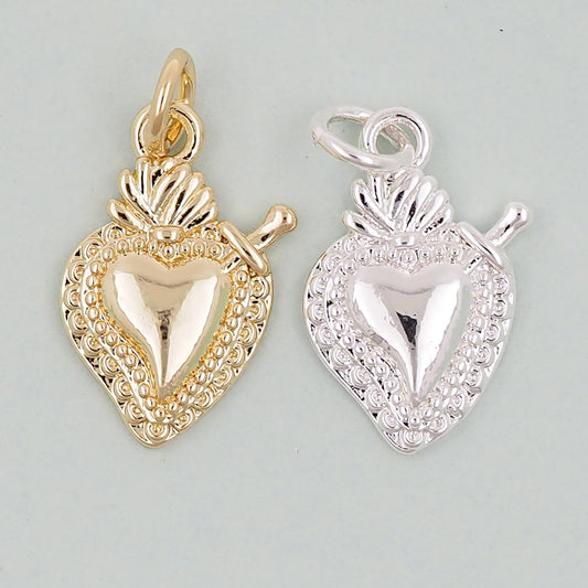 Gold sacred Heart Charms,18K Gold Filled Milagro Heart Pendant,Religious Charm Bracelet Necklace for DIY Jewelry Making Supply