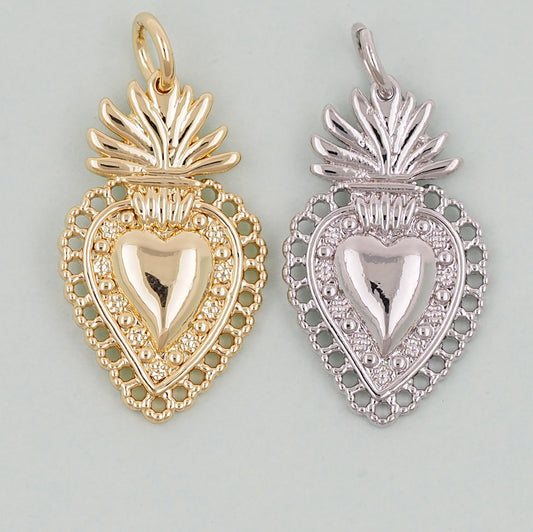 Gold sacred Heart Charms,18K Gold Filled Milagro Heart Pendant,Religious Charm Bracelet Necklace for DIY Jewelry Making Supply