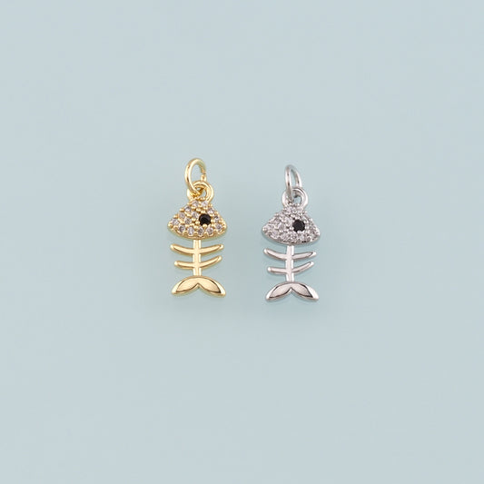 Gold Fish Charms,18K Gold Filled Fish Pendant,CZ Micro Pave Fish Bones Charm Bracelet Necklace for DIY Jewelry Making Supply