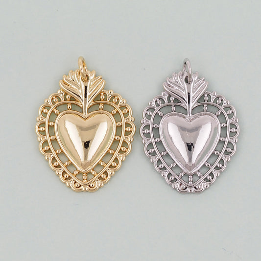 Gold sacred Heart Charms,18K Gold Filled Milagro Heart Pendant,Religious Charm Bracelet Necklace for DIY Jewelry Making Supply