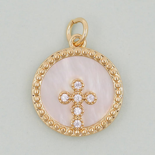 18K Gold Filled Cross Pendant,Round Cross Charm Bracelet Necklace for DIY Jewelry Making Supply