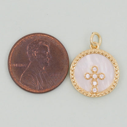 18K Gold Filled Cross Pendant,Round Cross Charm Bracelet Necklace for DIY Jewelry Making Supply