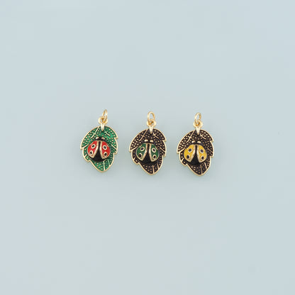 Gold Leaf Charm,18K Gold Filled Ladybug Pendant,Enamel Insect Charm Bracelet Necklace for DIY Jewelry Making Supply