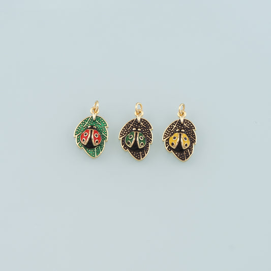 Gold Leaf Charm,18K Gold Filled Ladybug Pendant,Enamel Insect Charm Bracelet Necklace for DIY Jewelry Making Supply