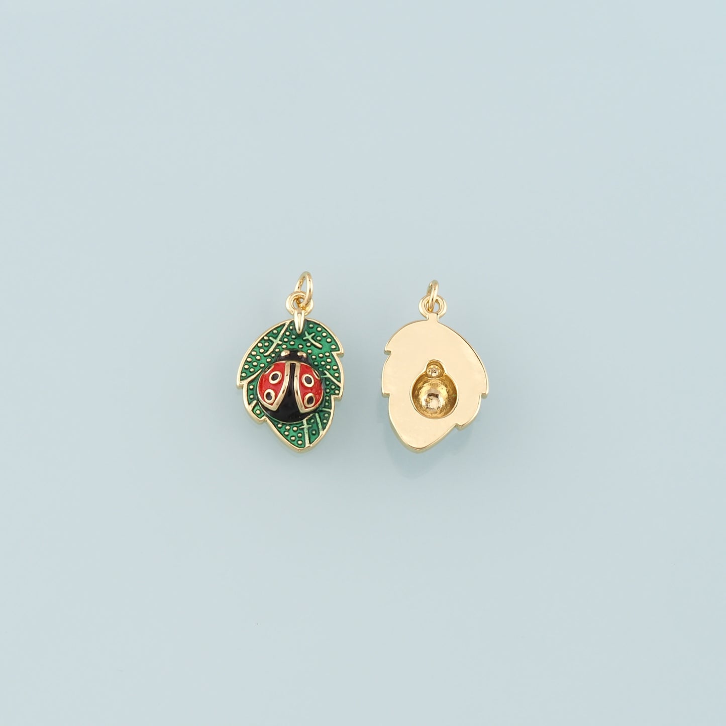 Gold Leaf Charm,18K Gold Filled Ladybug Pendant,Enamel Insect Charm Bracelet Necklace for DIY Jewelry Making Supply