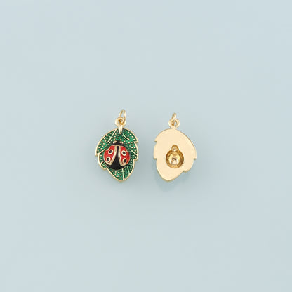 Gold Leaf Charm,18K Gold Filled Ladybug Pendant,Enamel Insect Charm Bracelet Necklace for DIY Jewelry Making Supply