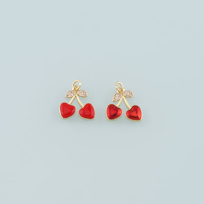 Gold Heart Cherry Charms,18K Gold Filled Cherry Pendant,Enamel Fruit Charm Bracelet Necklace for DIY Jewelry Making Supply