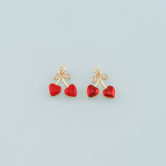 Gold Heart Cherry Charms,18K Gold Filled Cherry Pendant,Enamel Fruit Charm Bracelet Necklace for DIY Jewelry Making Supply