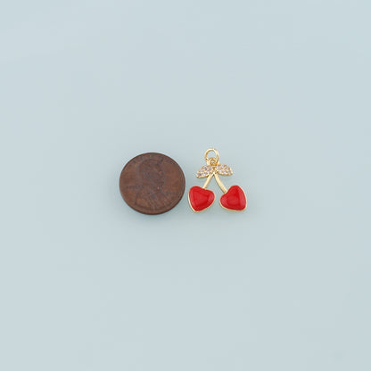 Gold Heart Cherry Charms,18K Gold Filled Cherry Pendant,Enamel Fruit Charm Bracelet Necklace for DIY Jewelry Making Supply