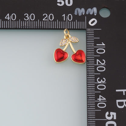 Gold Heart Cherry Charms,18K Gold Filled Cherry Pendant,Enamel Fruit Charm Bracelet Necklace for DIY Jewelry Making Supply