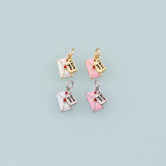 18K Gold Filled Love Letter Pendant,Enamel Heart Envelope Charm Bracelet Necklace for DIY Jewelry Making Supply