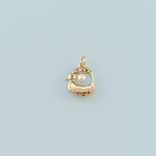 Gold Animal Charms,18K Gold Filled Pearl Duck Pendant,CZ Micro Pave Duck Charm Bracelet Necklace for DIY Jewelry Making Supply