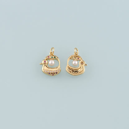 Gold Animal Charms,18K Gold Filled Pearl Duck Pendant,CZ Micro Pave Duck Charm Bracelet Necklace for DIY Jewelry Making Supply