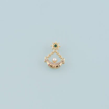 Gold Boat Charms,18K Gold Filled Pearl Sailboat Pendant,CZ Micro Pave Navigation Charm Bracelet Necklace for DIY Jewelry Making Supply
