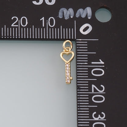 18K Gold Filled Heart Key Pendant,CZ Micro Pave Key Charm Bracelet Necklace for DIY Jewelry Making Supply