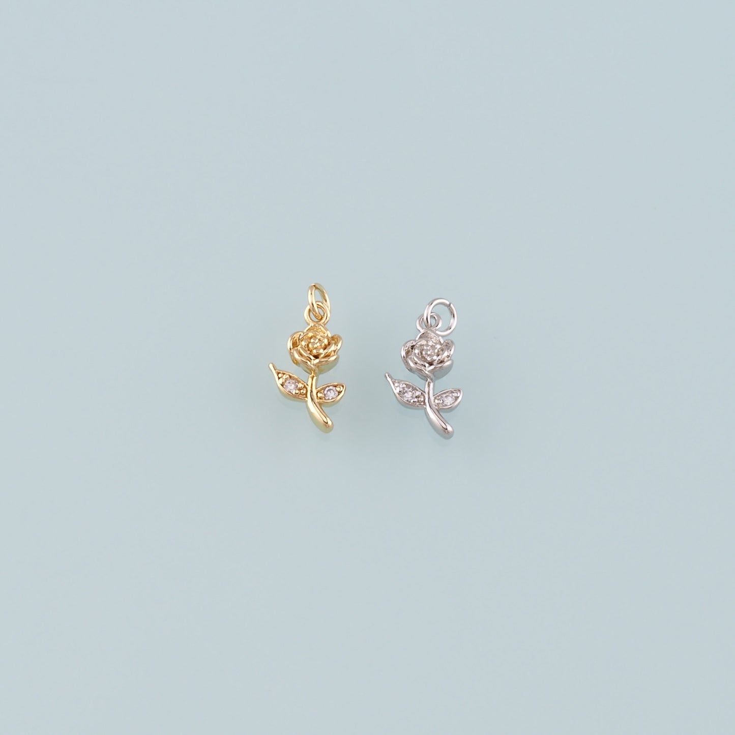 Gold Rose Charm,18K Gold Filled Rose Pendant,CZ Micro Pave Flower Charm Bracelet Necklace for DIY Jewelry Making Supply