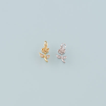 Gold Rose Charm,18K Gold Filled Rose Pendant,CZ Micro Pave Flower Charm Bracelet Necklace for DIY Jewelry Making Supply