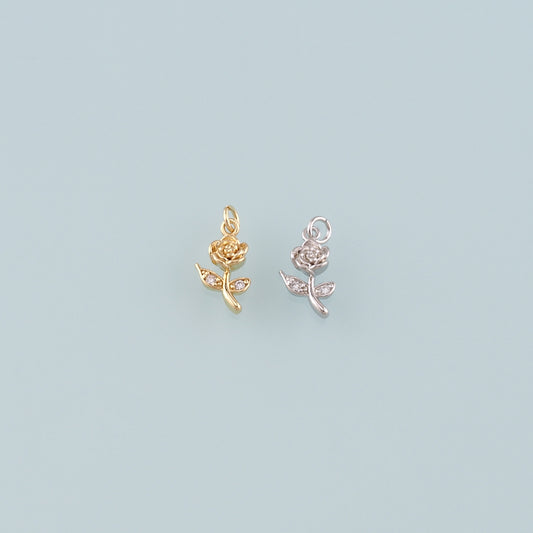 Gold Rose Charm,18K Gold Filled Rose Pendant,CZ Micro Pave Flower Charm Bracelet Necklace for DIY Jewelry Making Supply