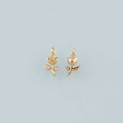Gold Rose Charm,18K Gold Filled Rose Pendant,CZ Micro Pave Flower Charm Bracelet Necklace for DIY Jewelry Making Supply