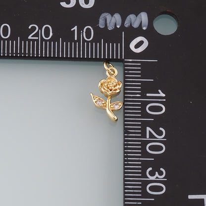 Gold Rose Charm,18K Gold Filled Rose Pendant,CZ Micro Pave Flower Charm Bracelet Necklace for DIY Jewelry Making Supply