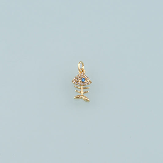 Gold Fish Charms,18K Gold Filled Fish Pendant,CZ Micro Pave Fish Bones Charm Bracelet Necklace for DIY Jewelry Making Supply