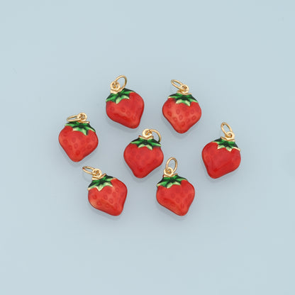 Gold Strawberry Charms,18K Gold Filled Enamel Strawberry Pendant,Fruit Charm Bracelet Necklace for DIY Jewelry Making Supply