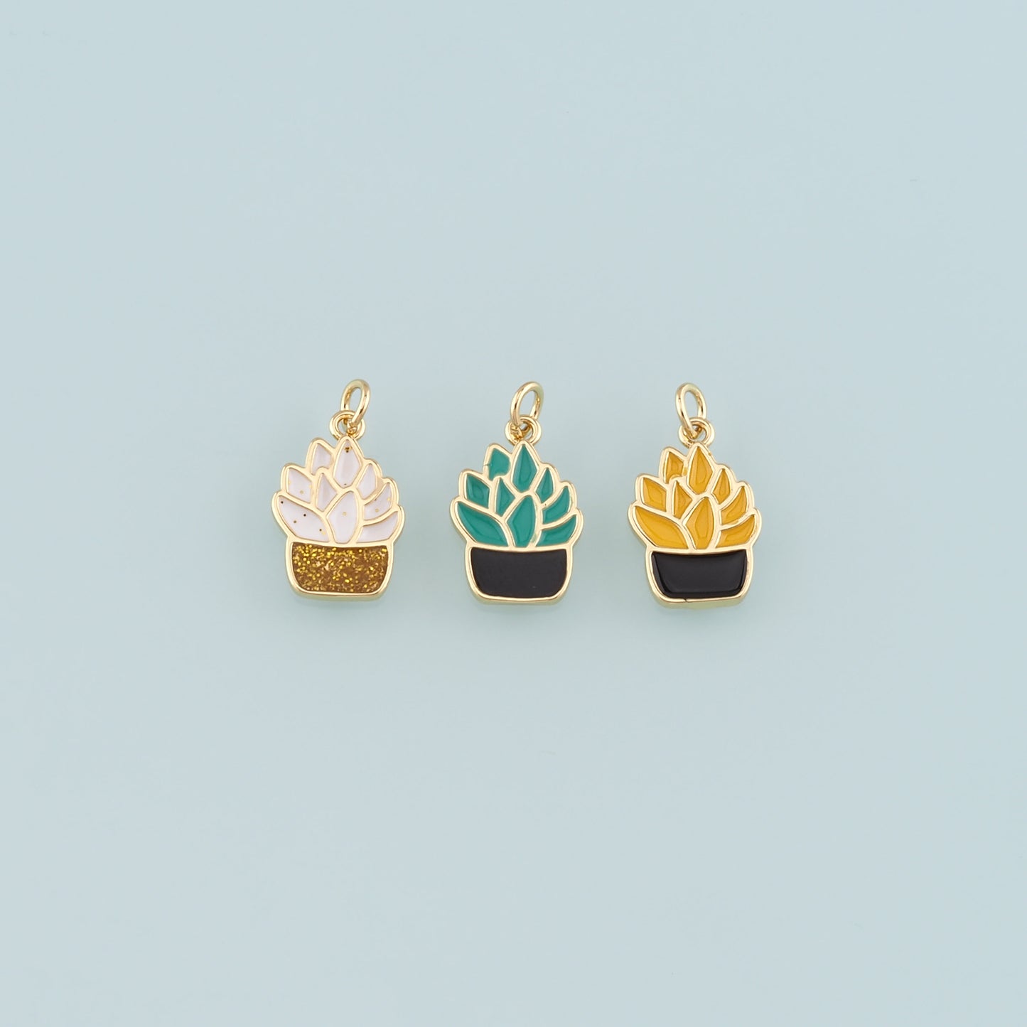Gold Plant Charms,18K Gold Filled Succulent Pendant,Enamel Potted Plant Charm Bracelet Necklace for DIY Jewelry Making Supply