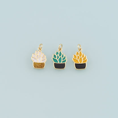Gold Plant Charms,18K Gold Filled Succulent Pendant,Enamel Potted Plant Charm Bracelet Necklace for DIY Jewelry Making Supply