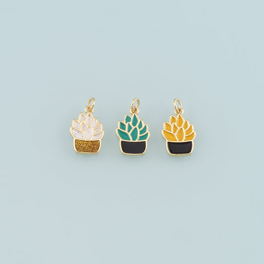 Gold Plant Charms,18K Gold Filled Succulent Pendant,Enamel Potted Plant Charm Bracelet Necklace for DIY Jewelry Making Supply