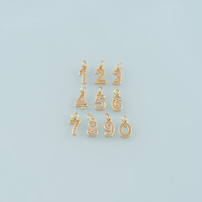 18K Gold Filled Number Pendant,CZ Micro Pave Number Charm Bracelet Necklace for DIY Jewelry Making Supply
