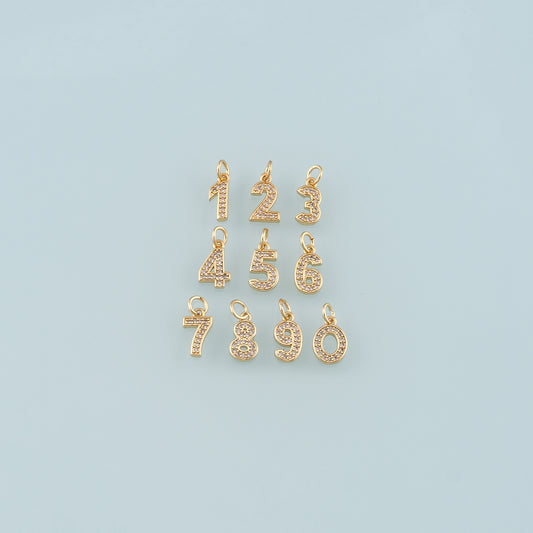 18K Gold Filled Number Pendant,CZ Micro Pave Number Charm Bracelet Necklace for DIY Jewelry Making Supply