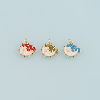 Gold Ocean Charms,18K Gold Filled Pufferfish Pendant,Enamel Pufferfish Charm Bracelet Necklace for DIY Jewelry Making Supply