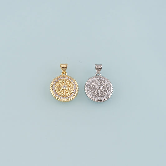18K Gold Filled Compass Pendant,CZ Micro Pave Compass Charm Bracelet Necklace for DIY Jewelry Making Supply