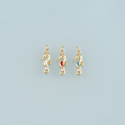 18K Gold Filled Pearl Seahorse Pendant,Enamel Seahorse Charm Bracelet Necklace for DIY Jewelry Making Supply