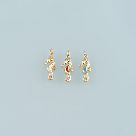 18K Gold Filled Pearl Seahorse Pendant,Enamel Seahorse Charm Bracelet Necklace for DIY Jewelry Making Supply