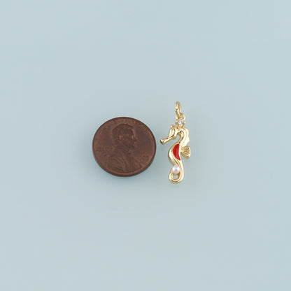18K Gold Filled Pearl Seahorse Pendant,Enamel Seahorse Charm Bracelet Necklace for DIY Jewelry Making Supply