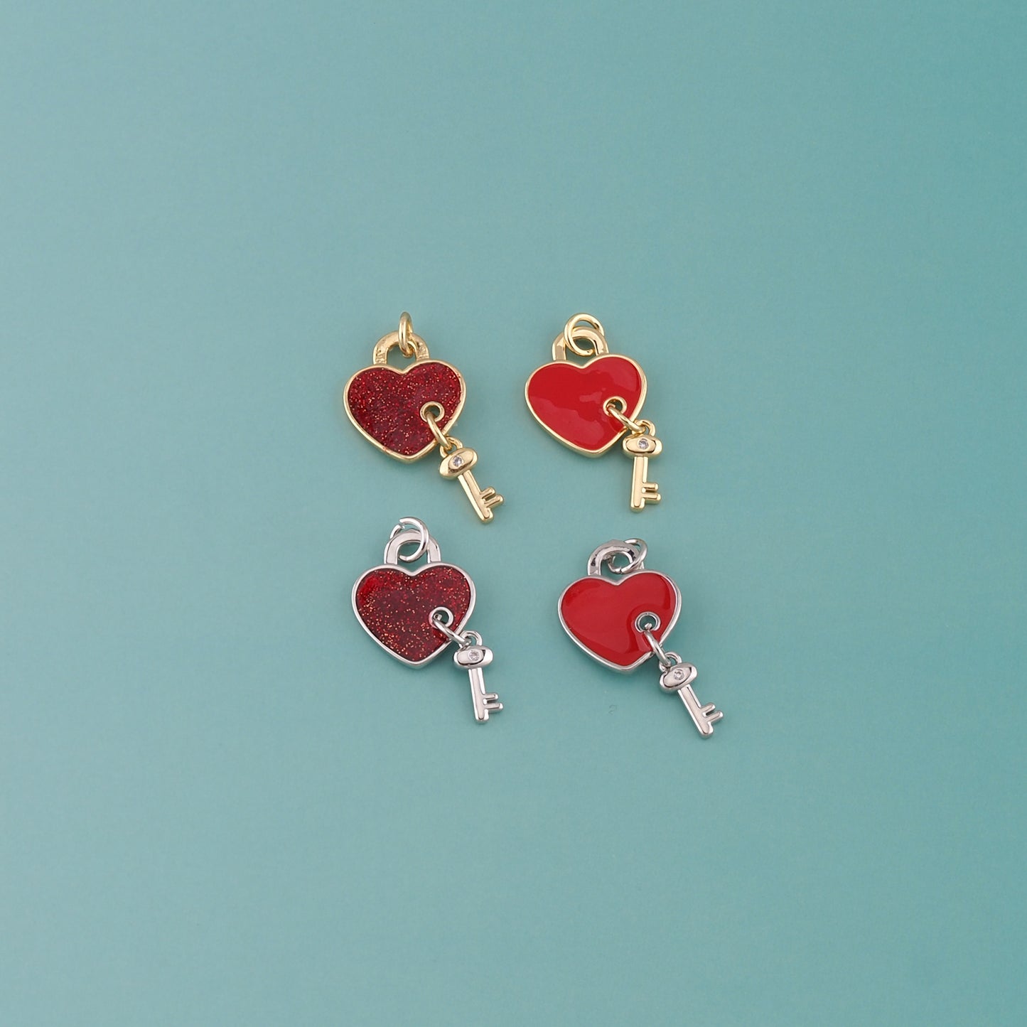 18K Gold Filled Heart Key Pendant,Enamel Key Charm Bracelet Necklace for DIY Jewelry Making Supply