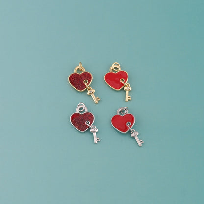 18K Gold Filled Heart Key Pendant,Enamel Key Charm Bracelet Necklace for DIY Jewelry Making Supply