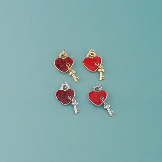 18K Gold Filled Heart Key Pendant,Enamel Key Charm Bracelet Necklace for DIY Jewelry Making Supply