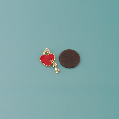 18K Gold Filled Heart Key Pendant,Enamel Key Charm Bracelet Necklace for DIY Jewelry Making Supply