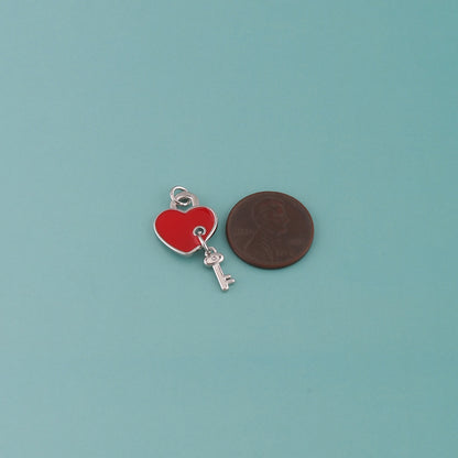 18K Gold Filled Heart Key Pendant,Enamel Key Charm Bracelet Necklace for DIY Jewelry Making Supply