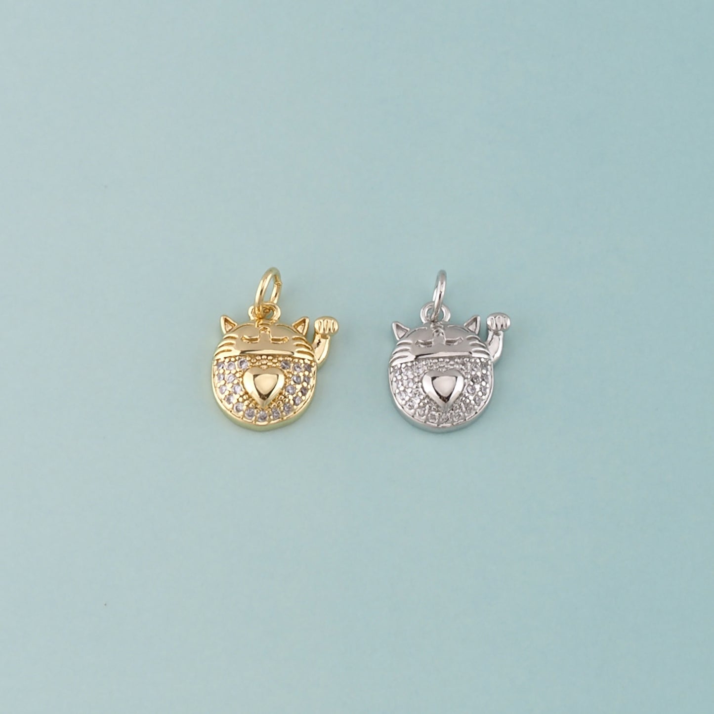 18K Gold Filled Lucky Cat Pendant,CZ Micro Pave Lucky Cat Charm Bracelet Necklace for DIY Jewelry Making Supply