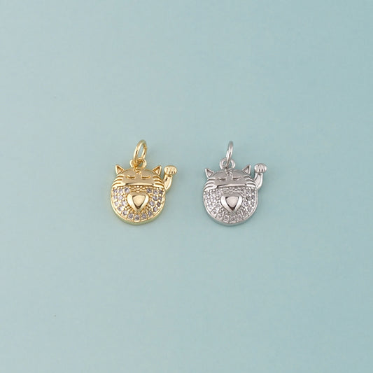 18K Gold Filled Lucky Cat Pendant,CZ Micro Pave Lucky Cat Charm Bracelet Necklace for DIY Jewelry Making Supply