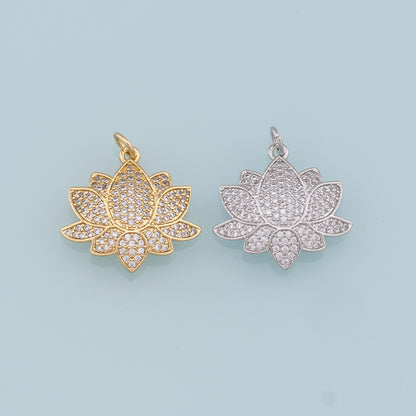 Gold Lotus Charms,18K Gold Filled Lotus Pendant,CZ Micro Pave Lotus Charm Bracelet Necklace for DIY Jewelry Making Supply