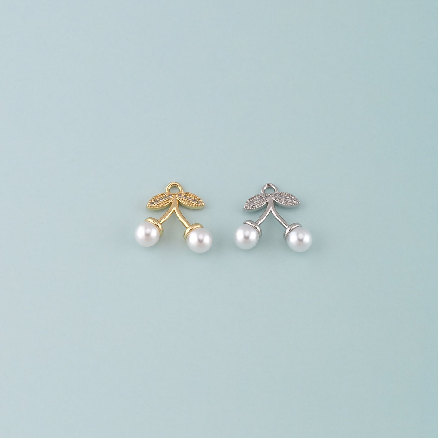 Gold Cherry Charms,18K Gold Filled Pearl Cherry Pendant,CZ Micro Pave Fruit Charm Bracelet Necklace for DIY Jewelry Making Supply