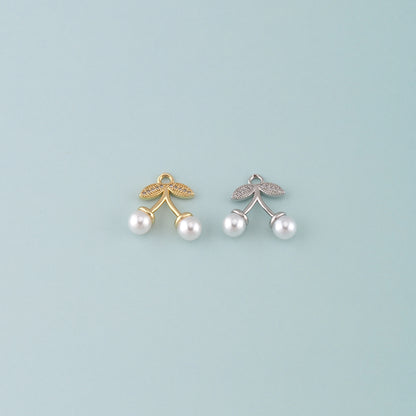 Gold Cherry Charms,18K Gold Filled Pearl Cherry Pendant,CZ Micro Pave Fruit Charm Bracelet Necklace for DIY Jewelry Making Supply