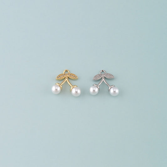 Gold Cherry Charms,18K Gold Filled Pearl Cherry Pendant,CZ Micro Pave Fruit Charm Bracelet Necklace for DIY Jewelry Making Supply