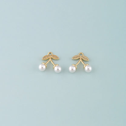 Gold Cherry Charms,18K Gold Filled Pearl Cherry Pendant,CZ Micro Pave Fruit Charm Bracelet Necklace for DIY Jewelry Making Supply