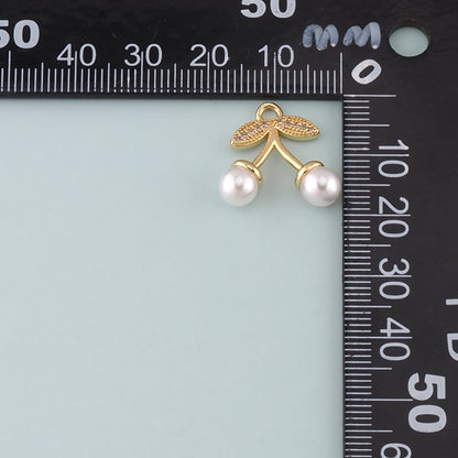 Gold Cherry Charms,18K Gold Filled Pearl Cherry Pendant,CZ Micro Pave Fruit Charm Bracelet Necklace for DIY Jewelry Making Supply