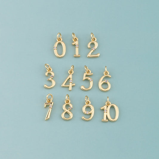 18K Gold Filled Number Pendant,CZ Micro Pave Number Charm Bracelet Necklace for DIY Jewelry Making Supply